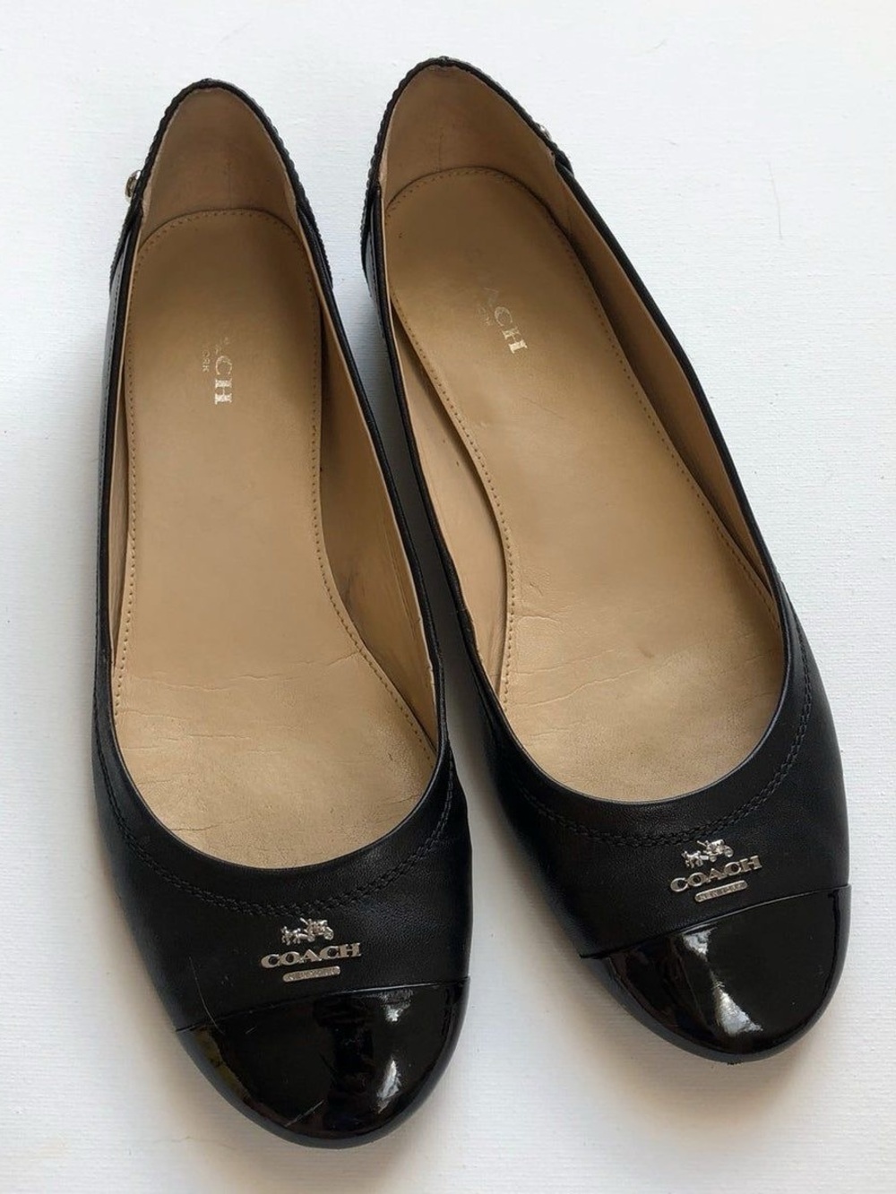 Coach Black Leather Ballet Flats with Patent Cap Toe